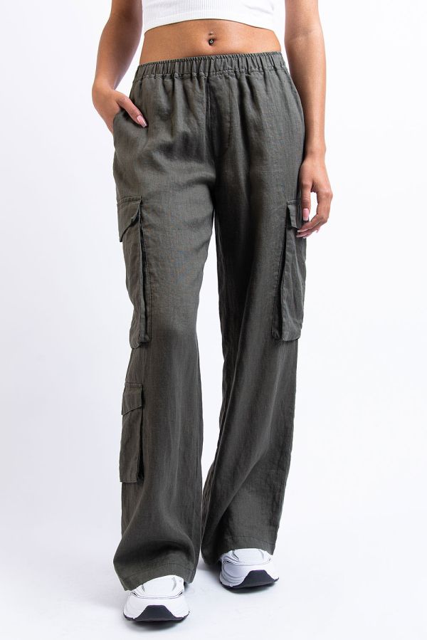 Mid Waist Cargo Linen Pants - Mikki Khaki